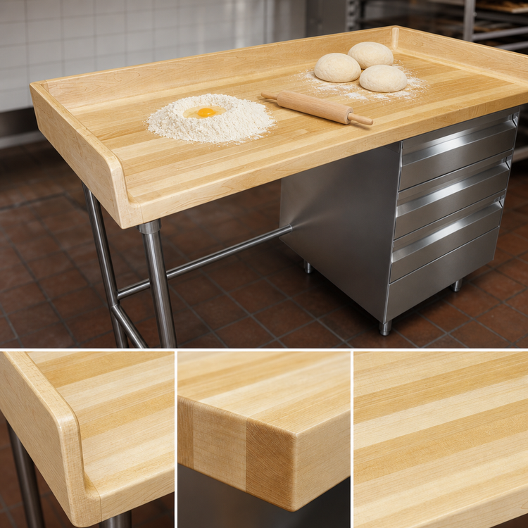 Product image #3 for Advance Tabco 72 x 36 Inch Bakers' Table with 1-3/4 Inch Wood Top, 4 Inch Splash, and 3-Tier Right Drawer Base