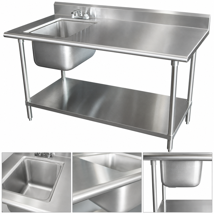 Product image #3 for Advance Tabco 48-Inch x 30-Inch Stainless Steel Work Table with Left Prep Sink, 5-Inch Backsplash and Adjustable Undershelf