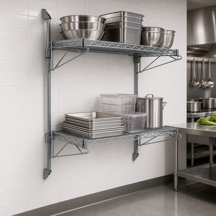 Product image #3 for Quantum Wall-Mount Cantilever Double Shelf Wire Shelving Unit, 72 x 14 Inches, Gray Epoxy Antimicrobial Finish