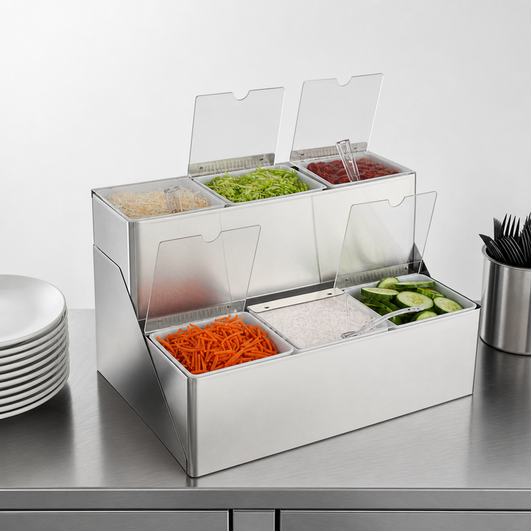 Product image #3 for EZ-Chill 2-Tier Stainless Steel Step Condiment Center with Individual Notched Lids, 6 x 1-Qt Inserts