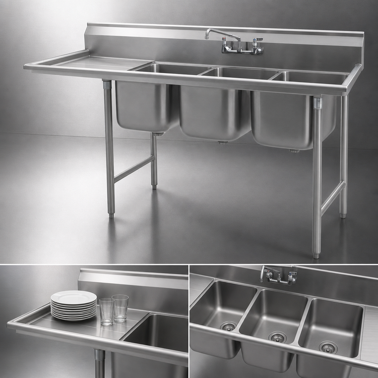 Product image #3 for Eagle Group 414 Series 3-Compartment Sink with Left 18-Inch Drainboard, 80-3/4-Inch Wide, 18 x 24 x 13-1/2-Inch Bowls