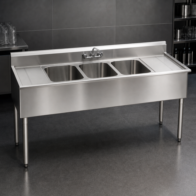 Product image #3 for Eagle Group 1800 Series 60 Inch Three-Compartment Underbar Sink Unit with Left and Right Drainboards