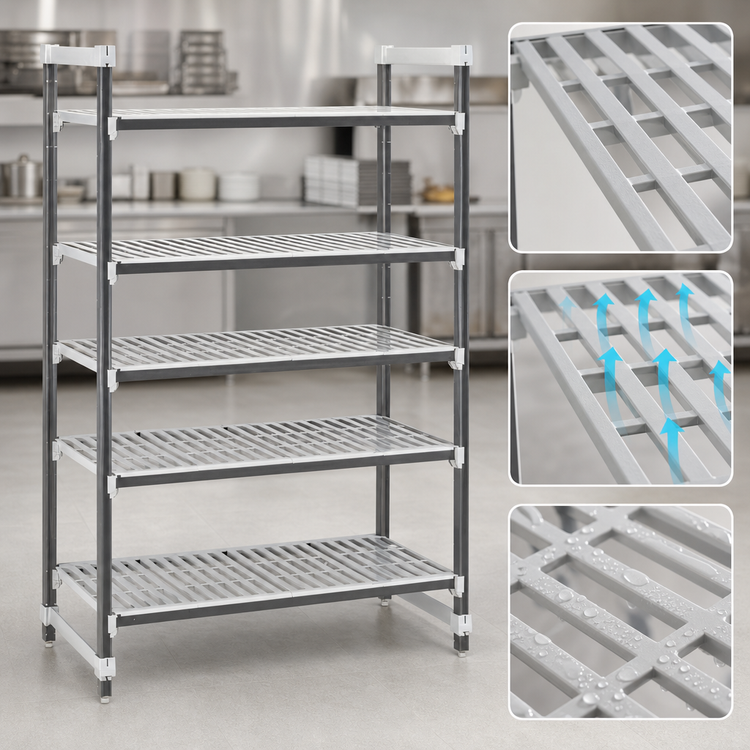 Product image #3 for Cambro Camshelving Elements XTRA 18" x 54" x 72" 5-Tier Vented Stationary Polymer Shelving Starter Unit, Speckled Gray