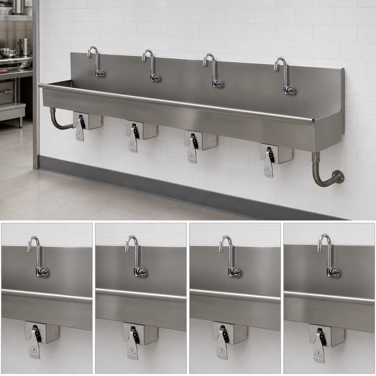 Product image #3 for Advance Tabco 4-Station 96-Inch Wall Mounted Hand Wash Sink with Knee Valves and Tubular Supports