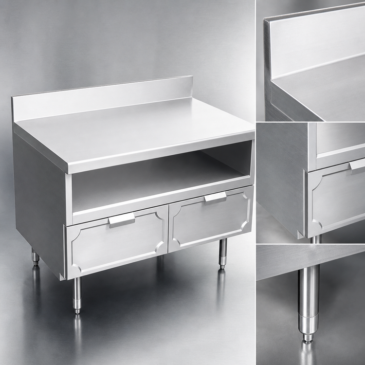 Product image #3 for La Rosa Refrigeration 42 Inch x 28 Inch 304 Stainless Steel Dry-Drawer Utility Stand with Undershelf and Rear Splash