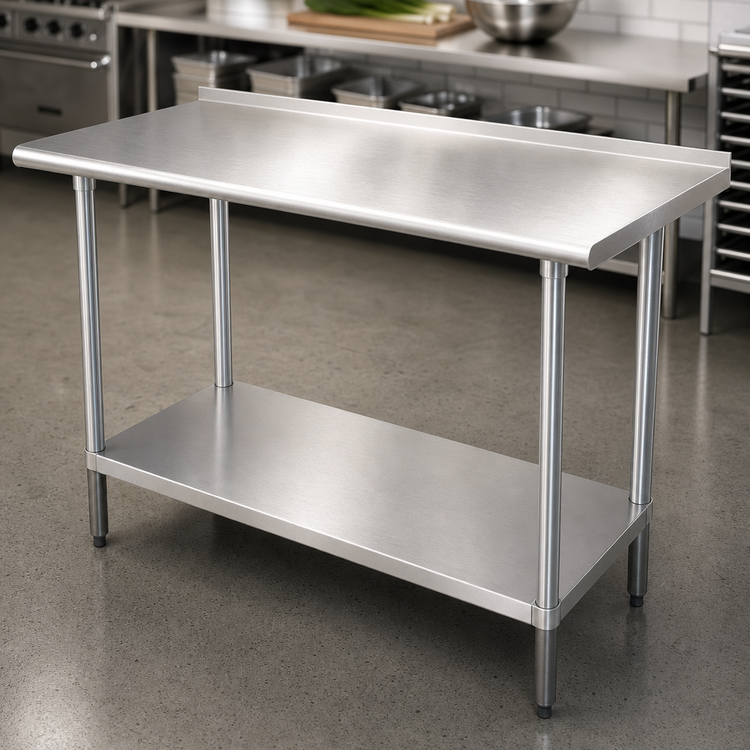 Product image #3 for Advance Tabco 144 Inch x 24 Inch 14 Gauge 304 Stainless Steel Work Table with 1-1/2 Inch Rear Up-Turn and Adjustable Undershelf