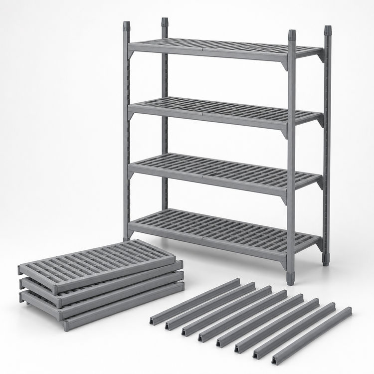 Product image #4 for Cambro Camshelving Premium 18" x 60" Vented 4-Shelf Shelf Kit, Speckled Gray