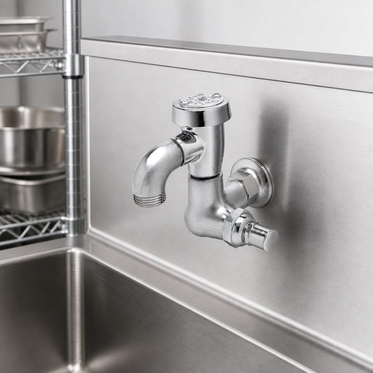 Product image #3 for T&S Brass Wall-Mount Single-Temperature Sill Faucet with Vacuum Breaker and Garden Hose Outlet, Rough Chrome