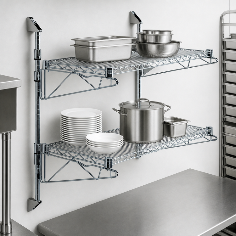 Product image #3 for Quantum Cantilever Double Shelf Wall-Mount Wire Shelving Unit, 42 x 12 Inch Shelves, Chrome Plated