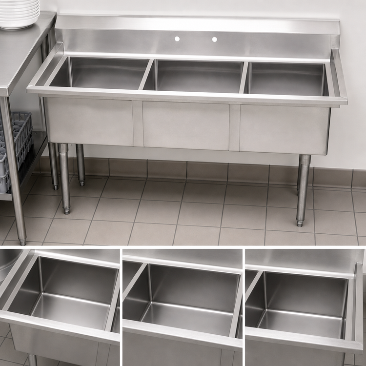 Product image #3 for Advance Tabco Special Value Series 3-Compartment Fabricated Sink, 15" x 15" x 12" Bowls, 18-Gauge 304 Stainless Steel, No Drainboards