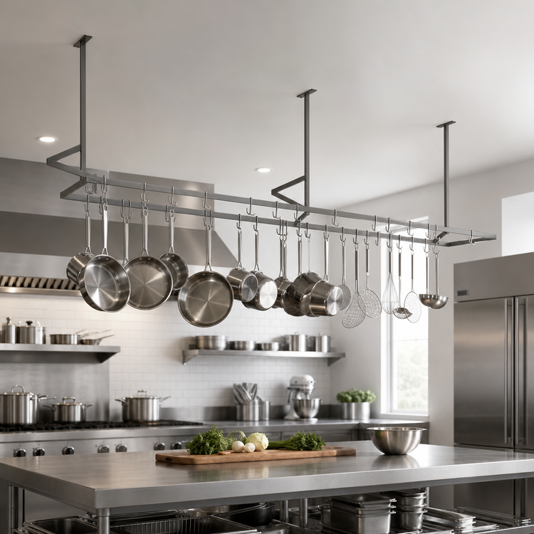 Product image #3 for John Boos Ceiling-Mounted Double-Bar Stainless Steel Pot Rack with 22 Double Hooks, 127-1/4 Inch W x 13-5/8 Inch D x 48 Inch H