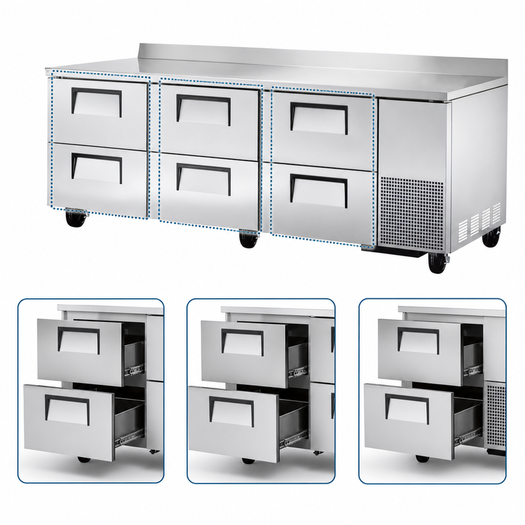 Product image #3 for True Deep Work Top Refrigerator, 3-Section, 6-Drawer, 93-1/4-Inch, Stainless Steel
