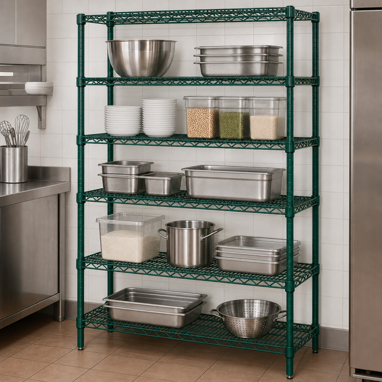 Product image #3 for Quantum 5-Shelf Wire Shelving Starter Kit, 54W x 14D x 74H, Green Epoxy Antimicrobial Finish