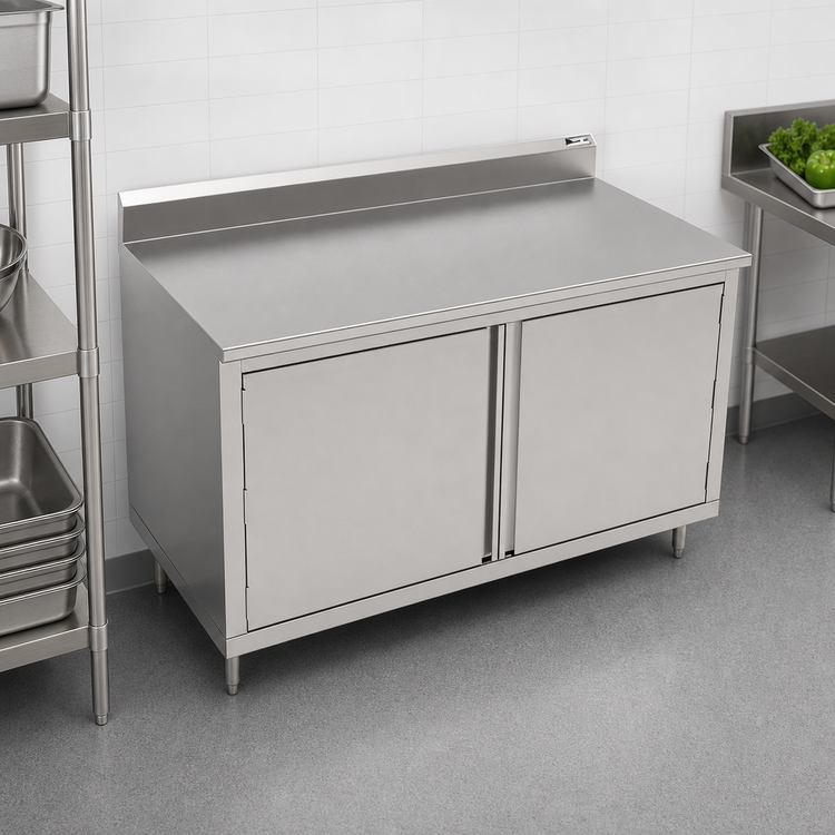 Product image #3 for John Boos 72-Inch x 24-Inch Stainless Steel Enclosed Base Work Table with Hinged Doors and 5-Inch Backsplash