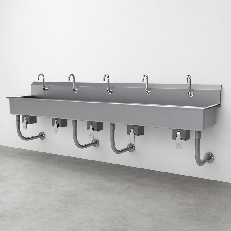 Product image #3 for Advance Tabco 5-Station Wall Mounted Knee Operated Hand Sink with Gooseneck Spouts, 100 Inch, 14 Gauge 304 Stainless Steel