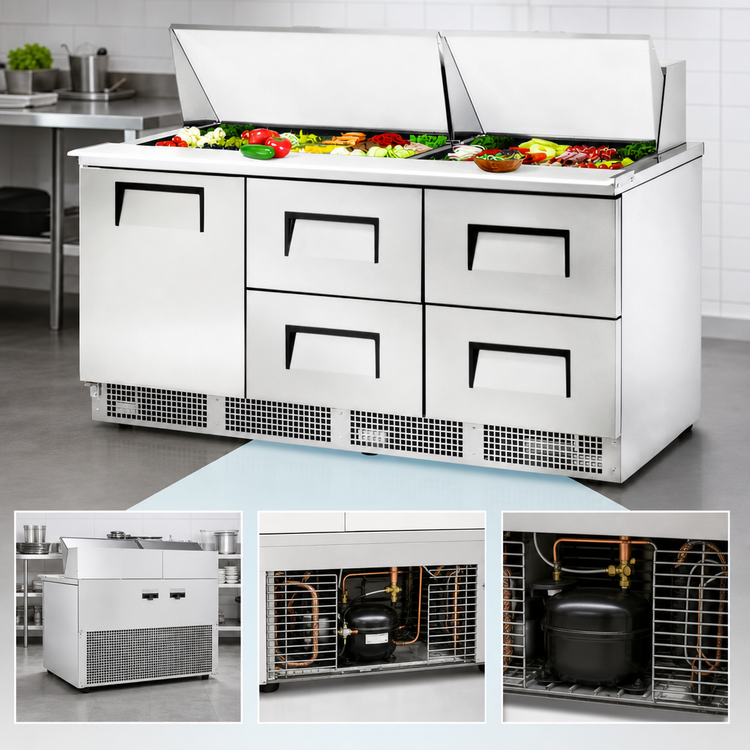 Product image #3 for True 72-Inch 3-Section Refrigerated Sandwich/Salad Prep Table with 1 Door, 4 Drawers and 30-Pan Top