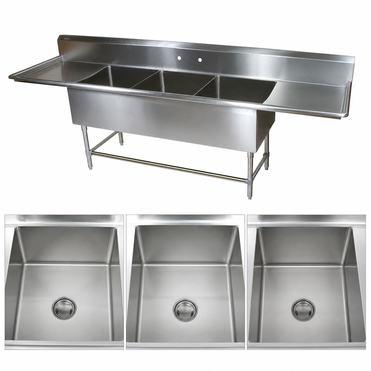 Product image #3 for John Boos Pro-Bowl 3-Compartment Sink with Dual Drainboards, 93-1/4 Inch Wide, 14 Gauge Stainless Steel