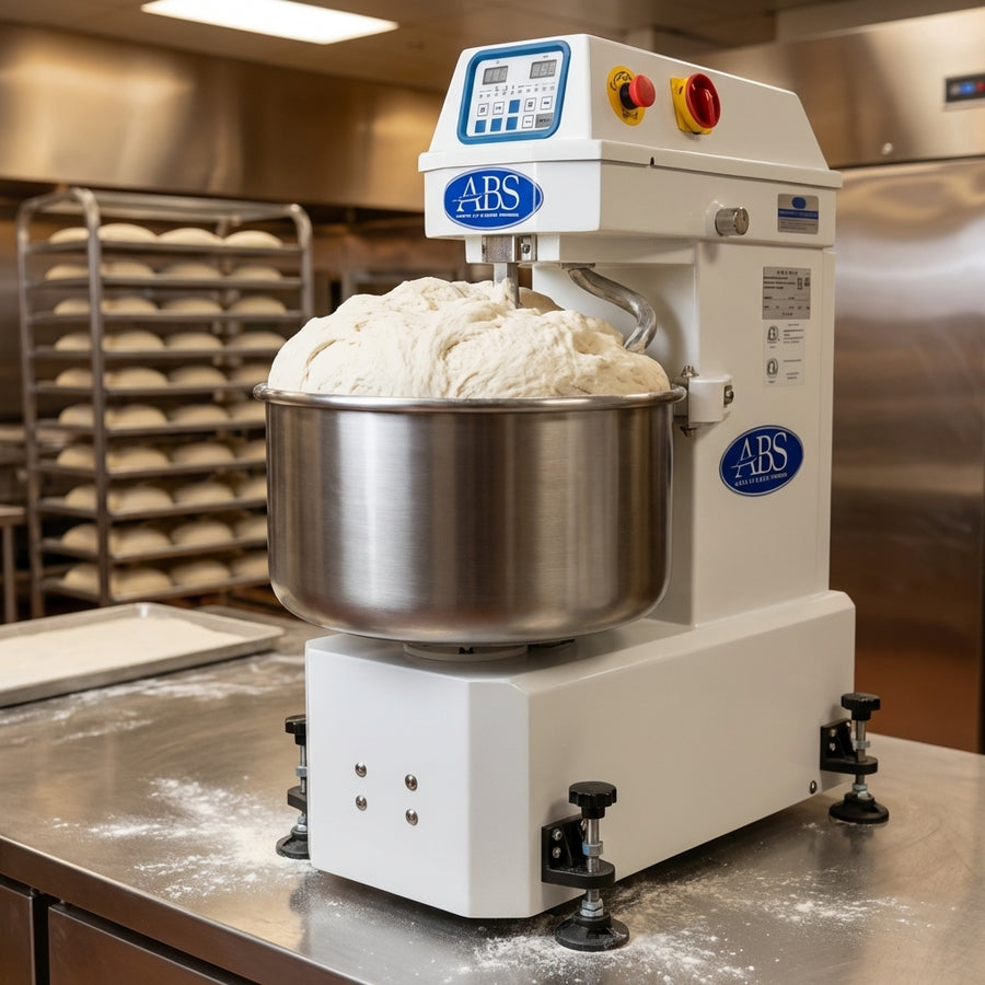 Large-batch spiral mixer shown handling a heavy dough load for high-volume bakery production.