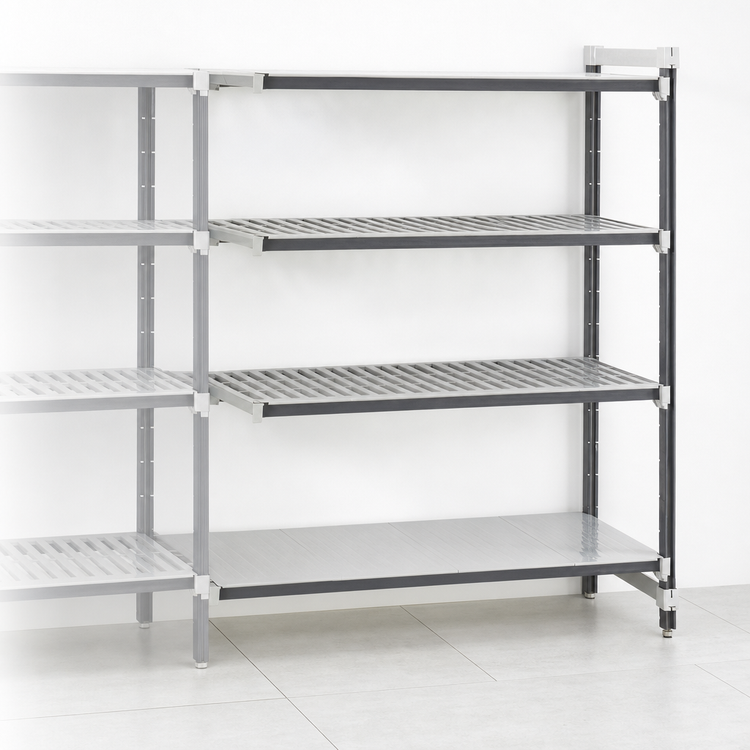 Product image #3 for Cambro Camshelving Elements XTRA Stationary Add-On Polymer Shelving Unit, 36 x 24 x 72-Inch, 4-Tier, 3 Vented + 1 Solid Shelf Configuration, Speckled Gray