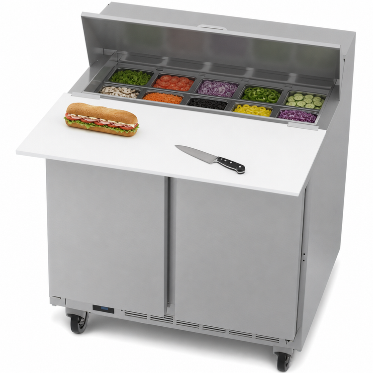 Product image #4 for Beverage-Air SPE36HC-10C 36-Inch Two-Door Sandwich Prep Table With 17-Inch Cutting Board and 10-Pan Top