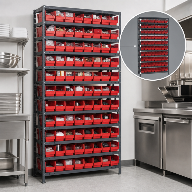 Product image #3 for Quantum Heavy-Duty Stationary Wire Shelving Unit with 13 Shelves and 96 Bins, 36"W x 12"D x 75"H
