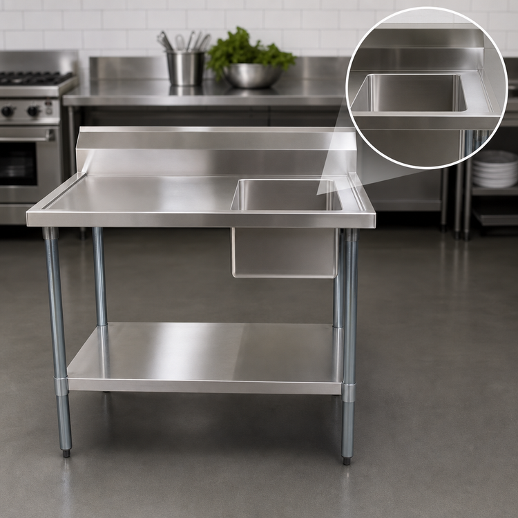Product image #3 for 48-Inch x 30-Inch Stainless Steel Prep Sink Table with Right-Side Sink and 6-Inch Backsplash