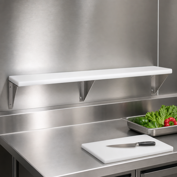 Product image #3 for Advance Tabco Triumph Supreme Stainless Steel Food Table Shelf with Removable 3/8" White Poly Cutting Board, 47-1/8" W x 12" D