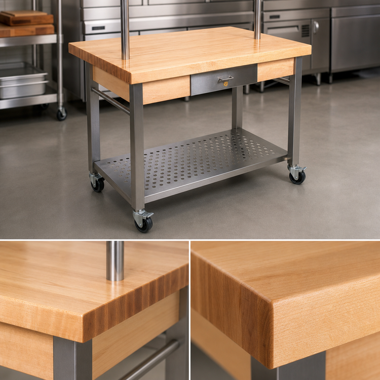 Product image #4 for John Boos Cucina Grande 48" x 28" Maple Wood Top Work Table with Drawer, Undershelf and Locking Casters