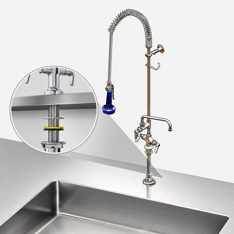 Product image #3 for T&S Brass EasyInstall Deck-Mount Pre-Rinse Unit with Add-On Faucet, 6-Inch Swing Nozzle, 24-Inch Riser, and 44-Inch Hose
