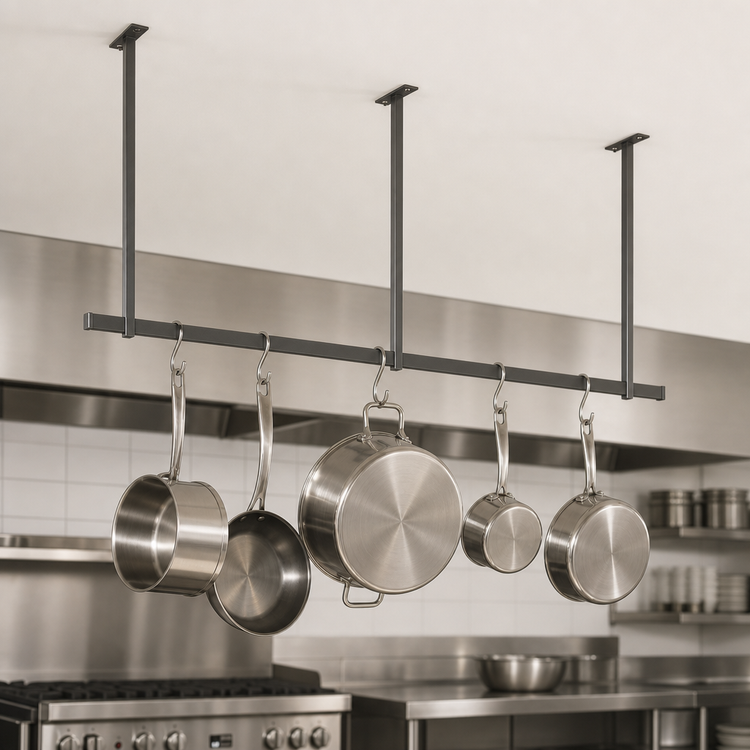 Product image #3 for John Boos Ceiling-Mounted Single-Bar Stainless Steel Pot Rack, 79-1/4 Inch, 7 Double Hooks