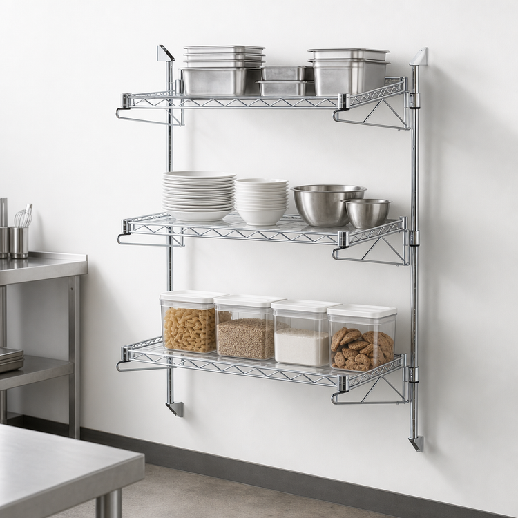 Product image #3 for Quantum Wall-Mounted Cantilever Shelving Starter Unit with 3 Wire Shelves, 54-Inch Posts, Chrome Plated Finish