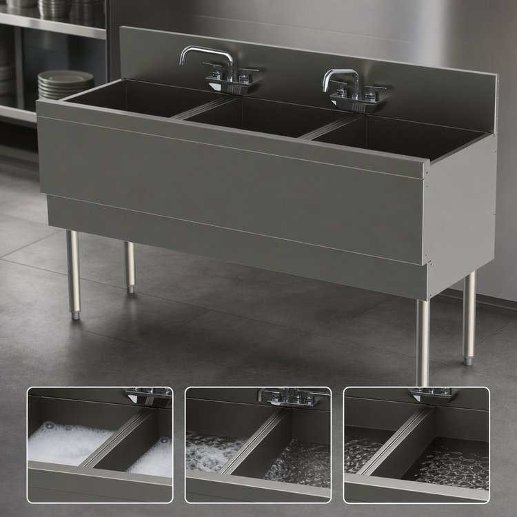 Product image #3 for Top Shelf TS Series Extra Capacity 3-Compartment Stainless Steel Underbar Sink Unit, 54-Inch Wide