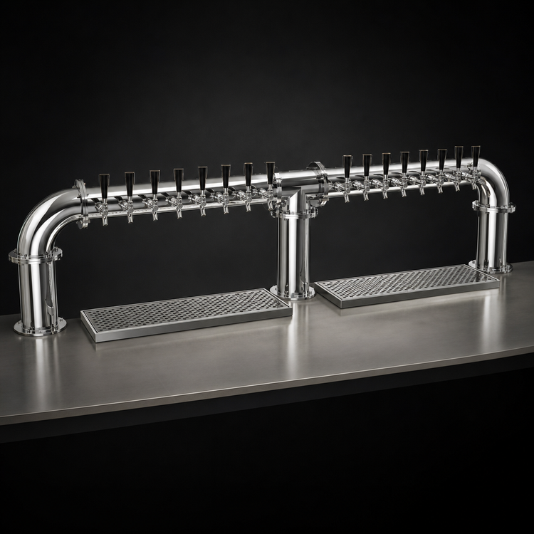 Product image #3 for Glastender Pipe Bridge Draft Dispensing Tower, Countertop, 16 Faucets, Three-Column, Glycol-Cooled, Mirror Finish