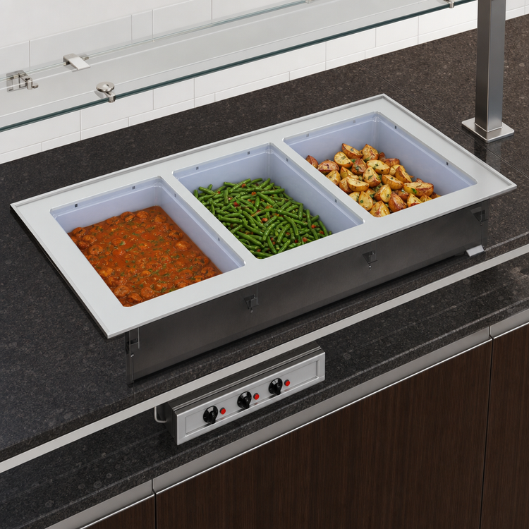 Product image #3 for Vollrath Short-Side 3-Pan Drop-In Hot Well with Marine-Grade Wells, Infinite Controls and Manifold Drain