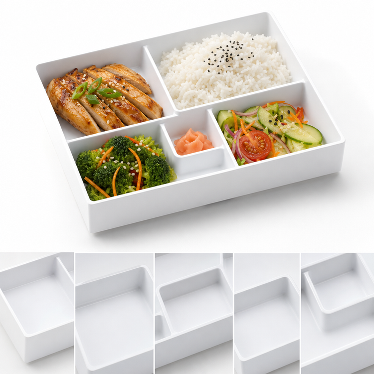 Product image #4 for American Metalcraft 5-Compartment Rectangular White Melamine Bento Box