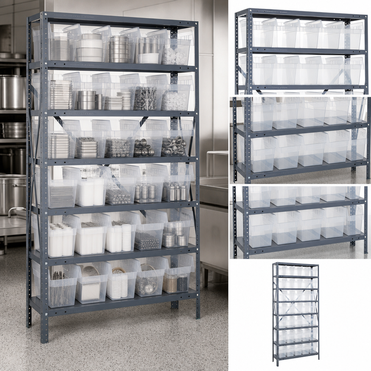 Product image #3 for Quantum 36" W x 18" D x 75" H Heavy-Duty Stationary Wire Shelving Unit with 8 Shelves and 35 Clear Bins