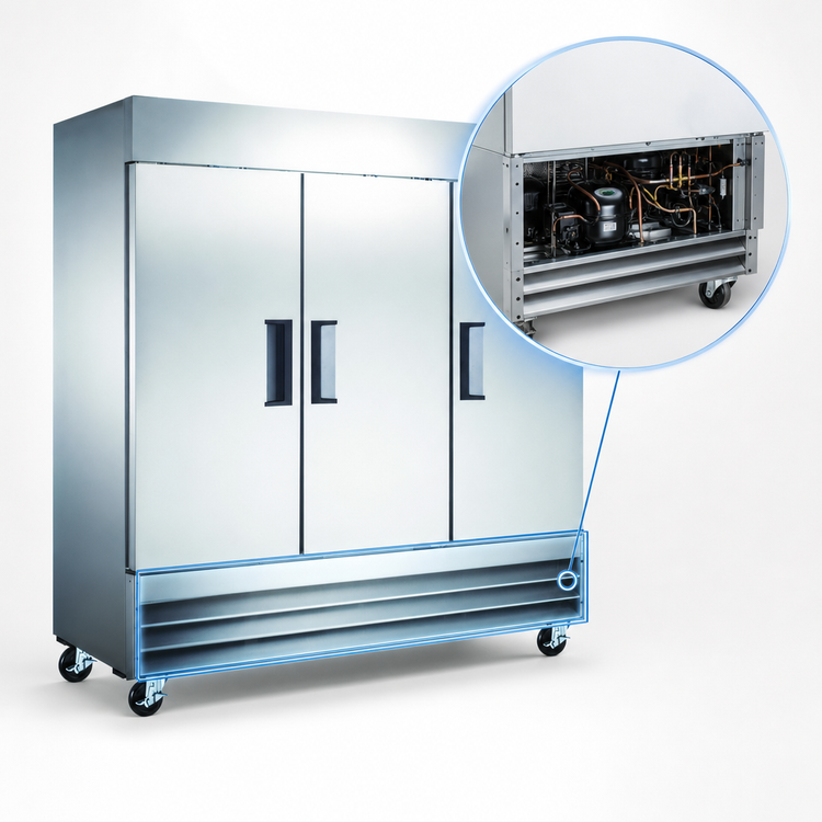 Product image #3 for Omcan 72 Cu. Ft. Three-Section Reach-In Refrigerator with Bottom-Mount Self-Contained Refrigeration
