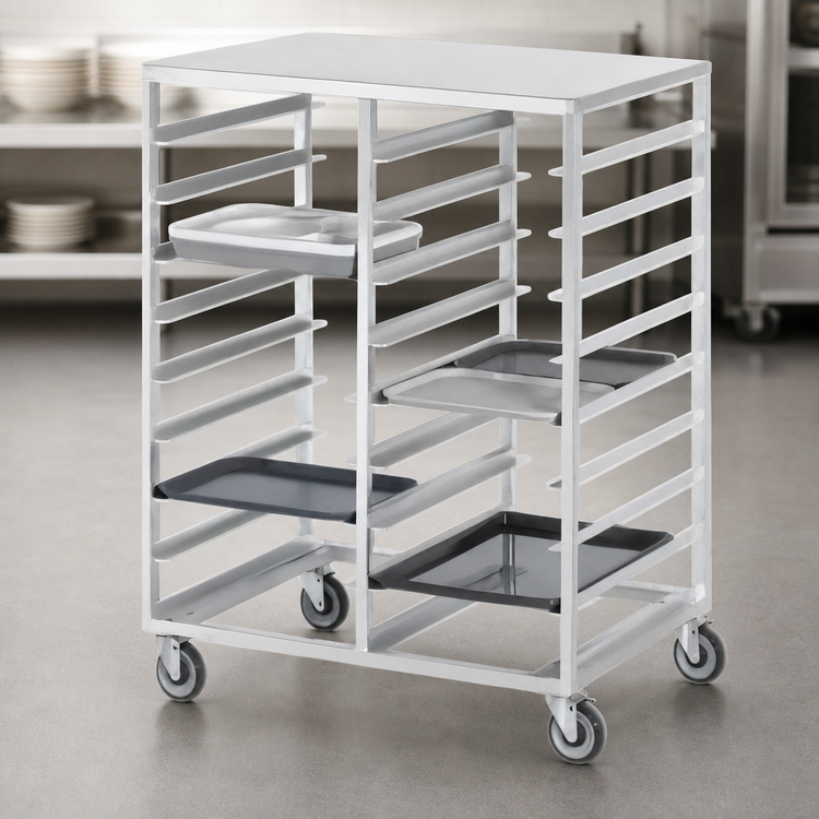 Product image #3 for Aluminum Double-Section Cafeteria Tray Delivery Rack with Solid Top, Side Load, 20-Tray Capacity