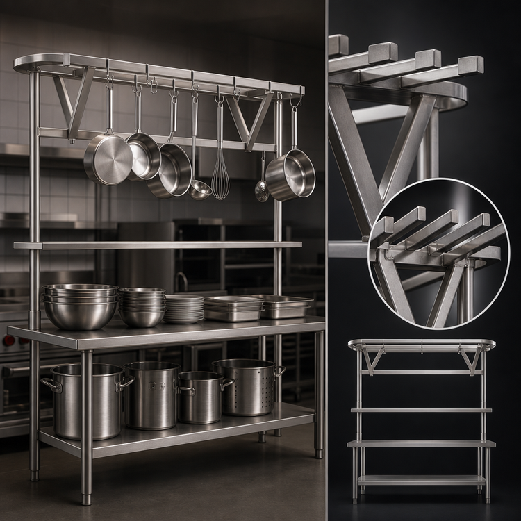 Product image #3 for Eagle Group TM96PR Stainless Steel Table-Mounted Triple-Bar Pot Rack for 96-Inch Tables