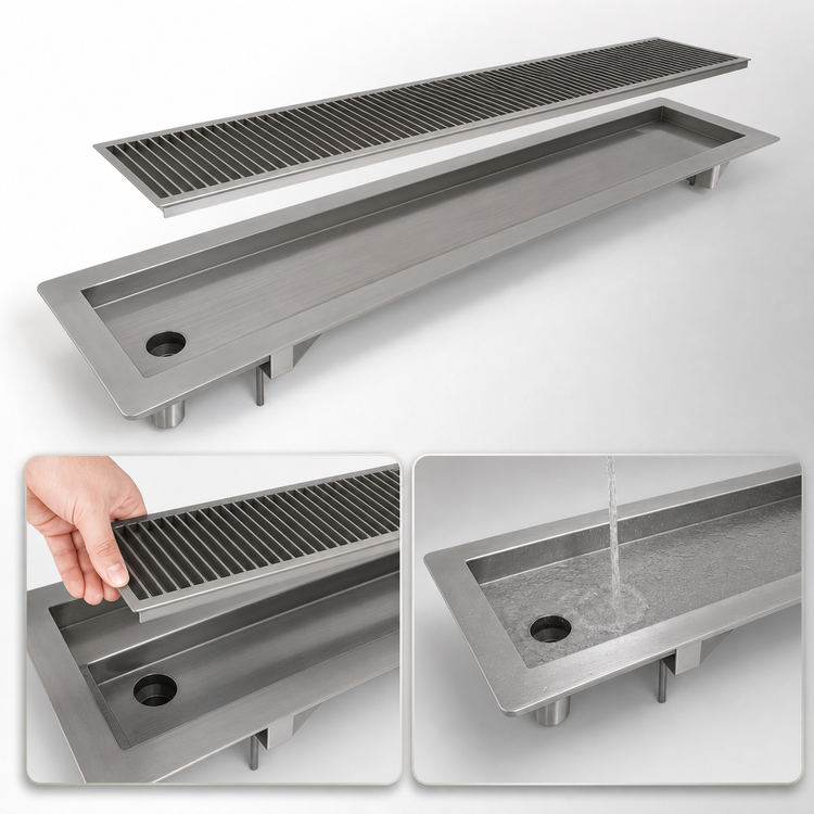 Product image #3 for BK Resources 24-Inch Flush Mount Urn Trough with Removable Drip Plate, 304 Stainless Steel