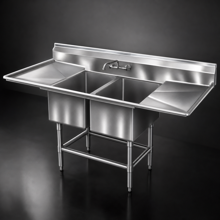 Product image #3 for Spec-Master FN Series Coved-Corner Two-Compartment Stainless Steel Sink with Left and Right Drainboards, 72 Inch Wide