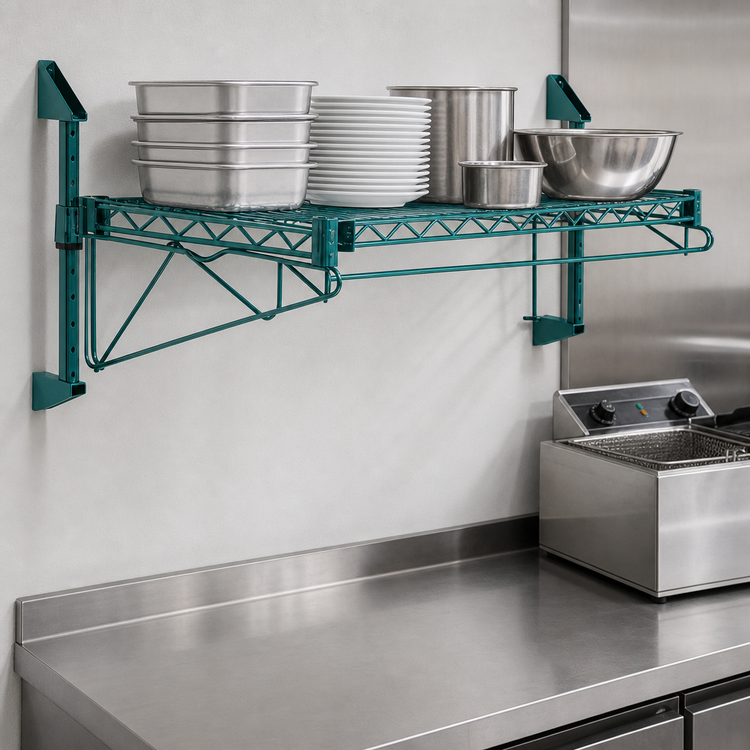 Product image #3 for Quantum Wall-Mount Cantilever Wire Shelving Unit with 42 x 12 Inch Shelf, Green Epoxy Finish