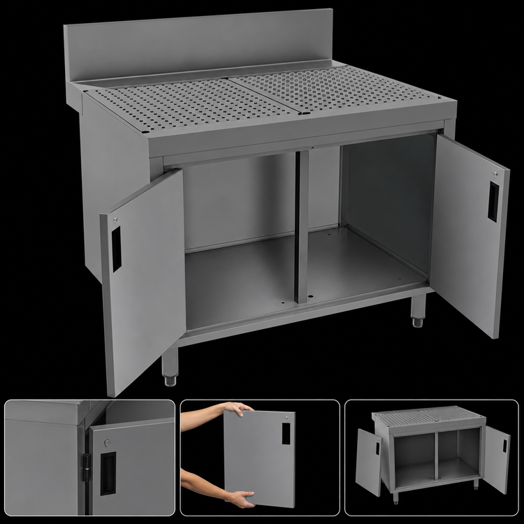 Product image #3 for Advance Tabco Prestige Supreme Underbar Stainless Steel Drainboard Cabinet with Removable Hinged Doors, 36 x 30 x 36 Inches