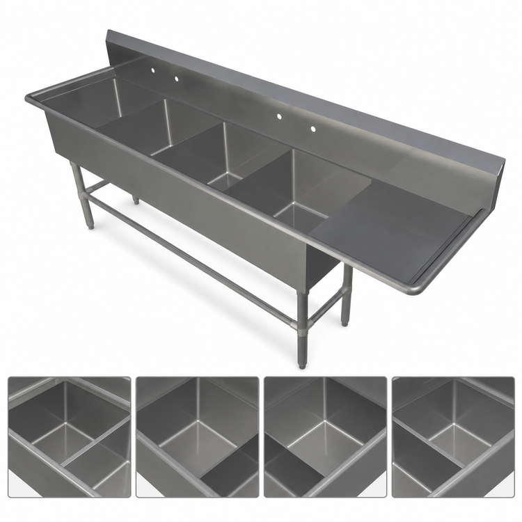 Product image #3 for John Boos Pro-Bowl 4-Compartment Sink with 24-Inch Right Drainboard, 108-3/16-Inch Wide, 14-Gauge Stainless Steel