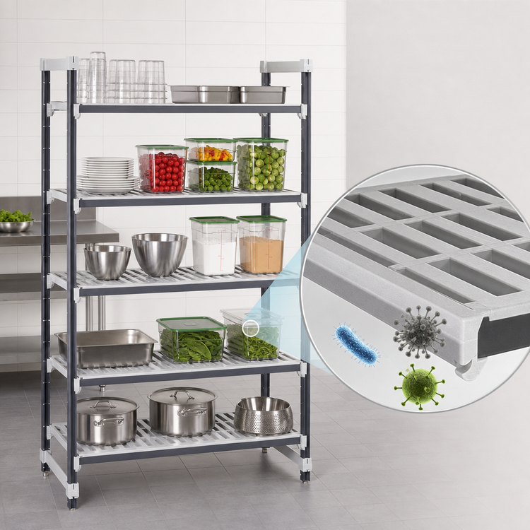 Product image #3 for Cambro Camshelving Elements XTRA 5-Tier Stationary Starter Polymer Shelving Unit, 24 x 60 x 64 Inches, Speckled Gray