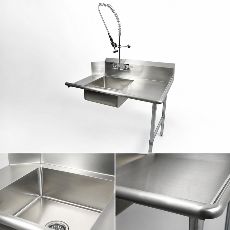 Product image #3 for BK Resources 26-Inch Straight Soiled Dishtable with Right-to-Left Operation and 20 x 20 x 8 Pre-Rinse Sink