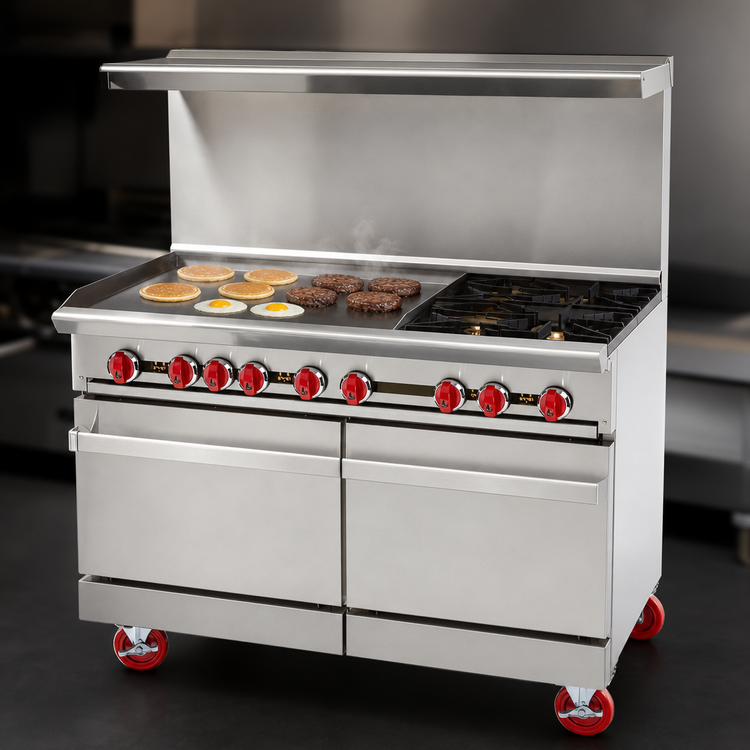 Product image #3 for American Range 48-Inch Gas Restaurant Range with Left 36-Inch Griddle, 2 Open Burners, and 2 Storage Bases