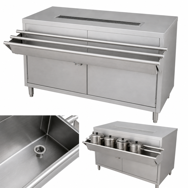 Product image #3 for Cashier-Serve Stainless Steel Counter with Hinged Doors and Built-In Urn Trough, 72W x 30D