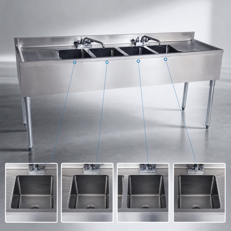 Product image #3 for BK Resources 4-Compartment Stainless Steel Underbar Sink with Left and Right Drainboards, 84 Inch Wide