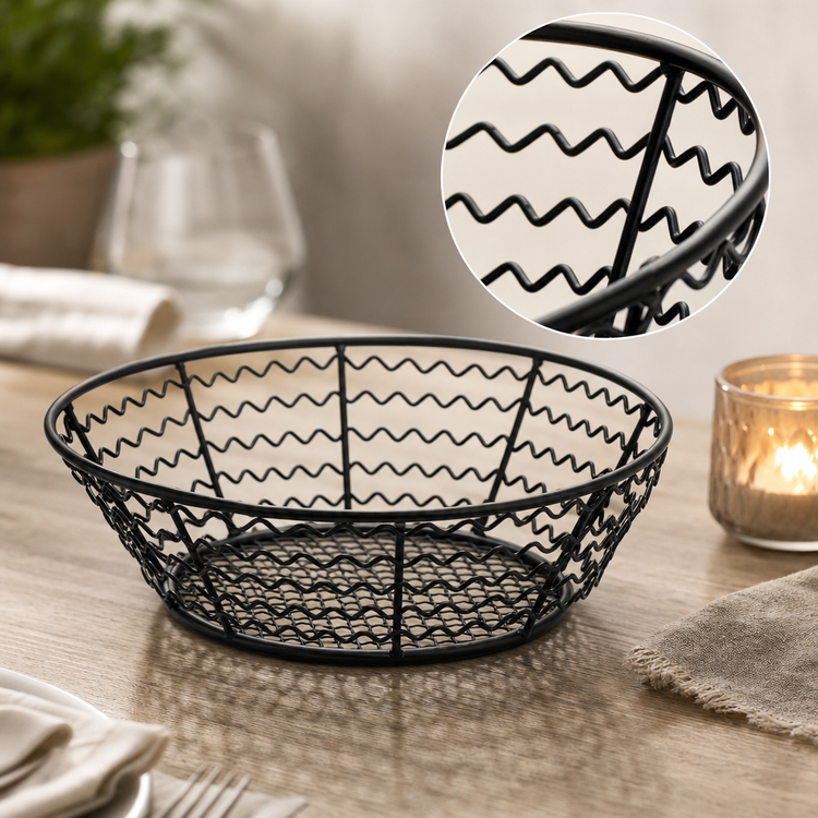 Product image #3 for 8-Inch Round Wavy-Sided Mesh Serving Basket, Wrought Iron, Black